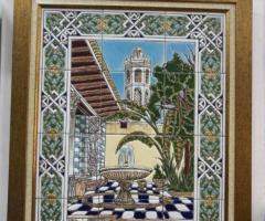 Tableau en Céramique Artisanale avec Cadre en Bois – Décor Patio Andalou